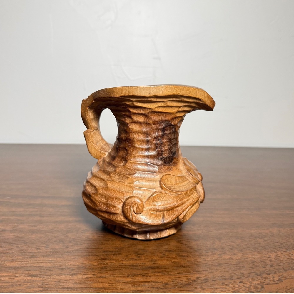 Hand Carved Wooden Pitcher Vase Floral Relief Folk Art  Decor
